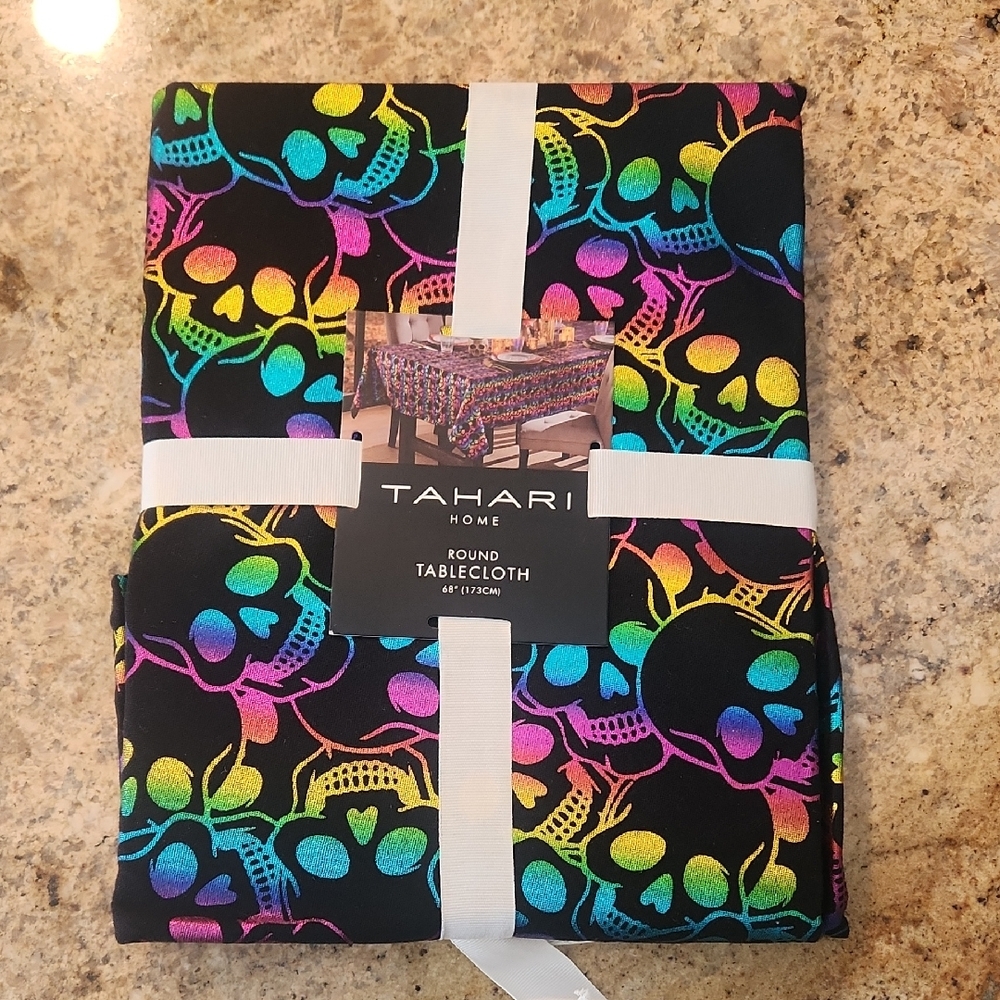 Black Metallic Rainbow Skulls Sugar Skull Goth Halloween. Tahari Home Tablecloth